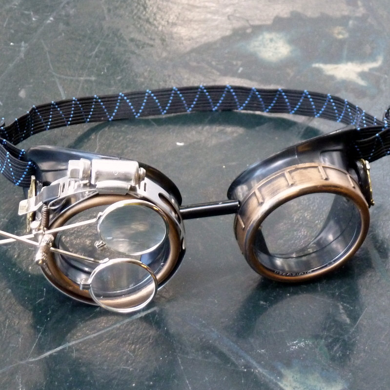 Black and Bronze Compass Steampunk Goggles with Double Eye Loupe